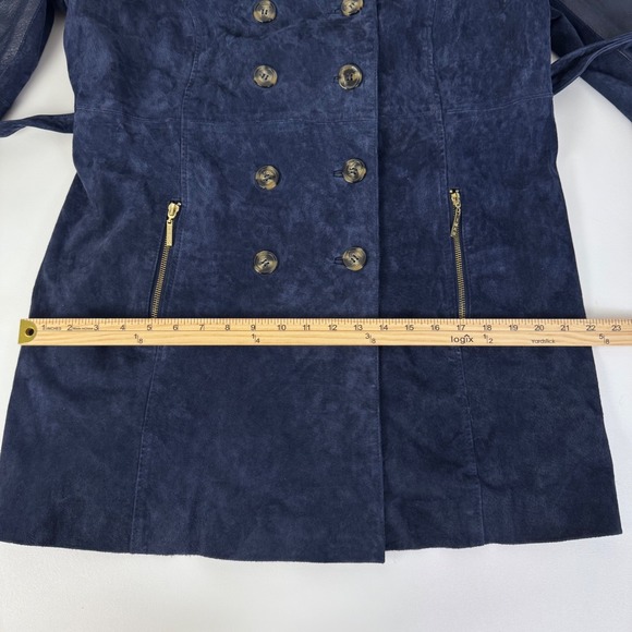 IMAN Trench Coat Women XL Navy Blue Genuine Leather Suede Mixed Media Belted - Picture 11 of 14